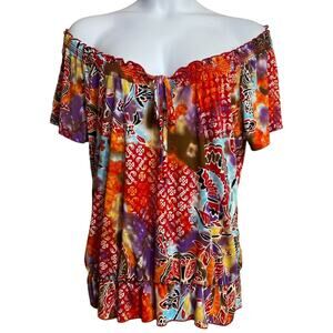 Saint Tropez West red multicolor silky blouse on or off shoulder - Women's XXL